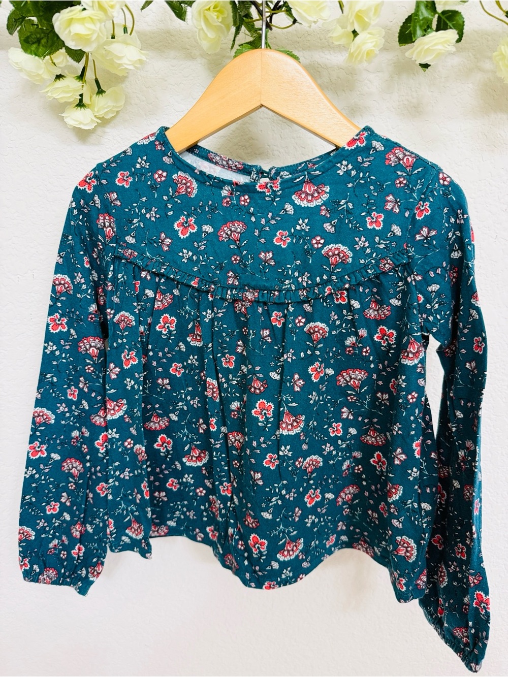 Old Navy • Girls 4T Teal Floral Ruffle Blouse 100% Cotton Boho Top